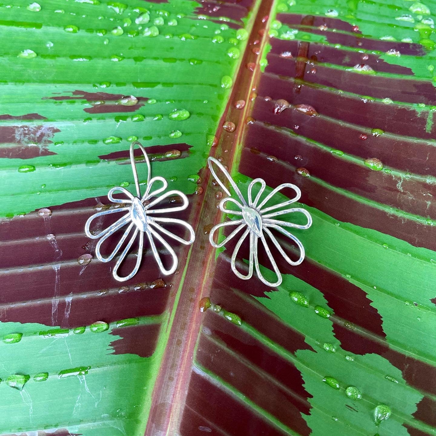 Hammered Sterling Silver Schleffera Leaf Earrings
