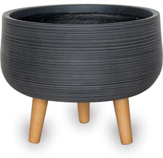 Striped Finish Fiberclay Low Round Planter with Wooden Legs