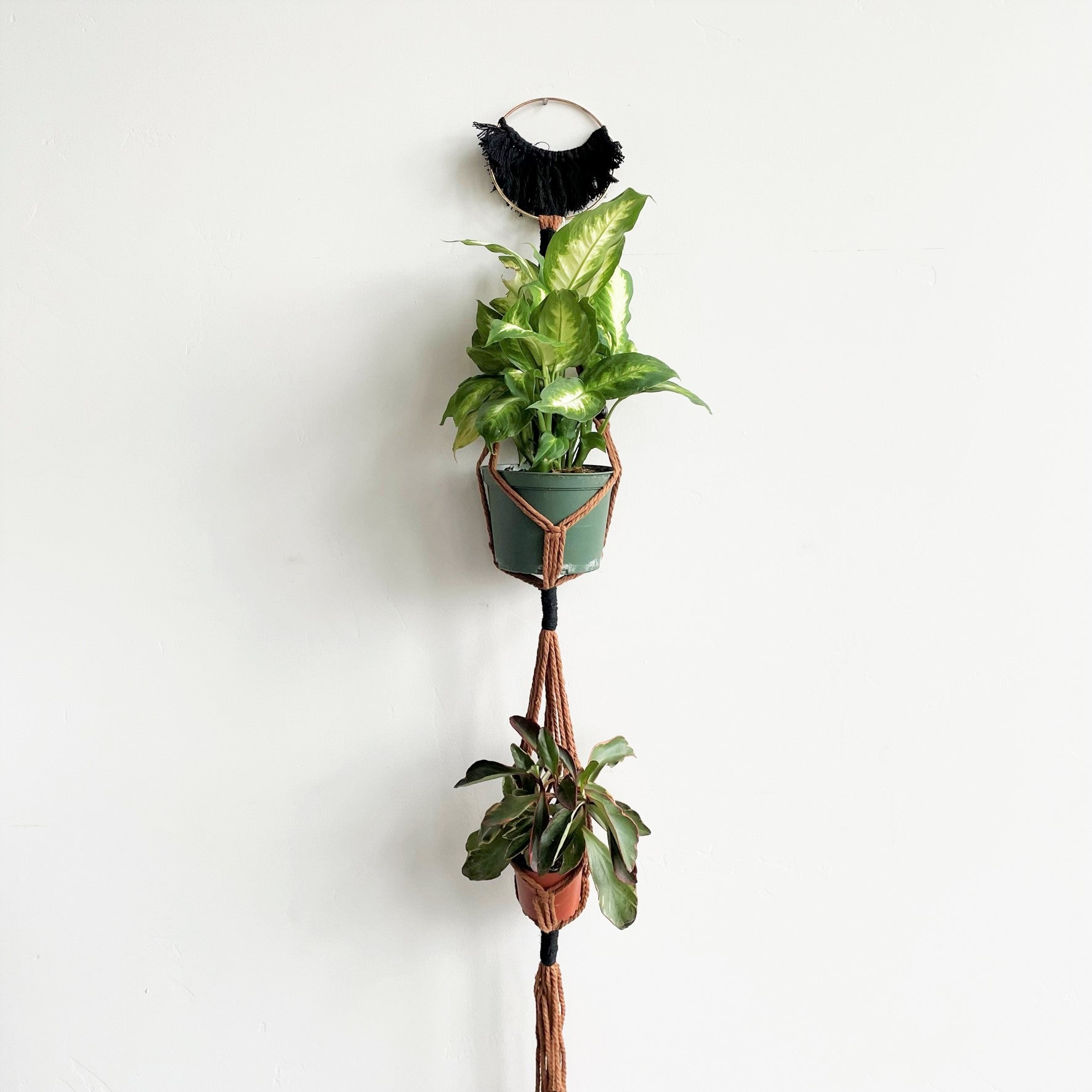 Brown Double Pocket with Black Detail and Gold Ring Macramé Plant Hanger