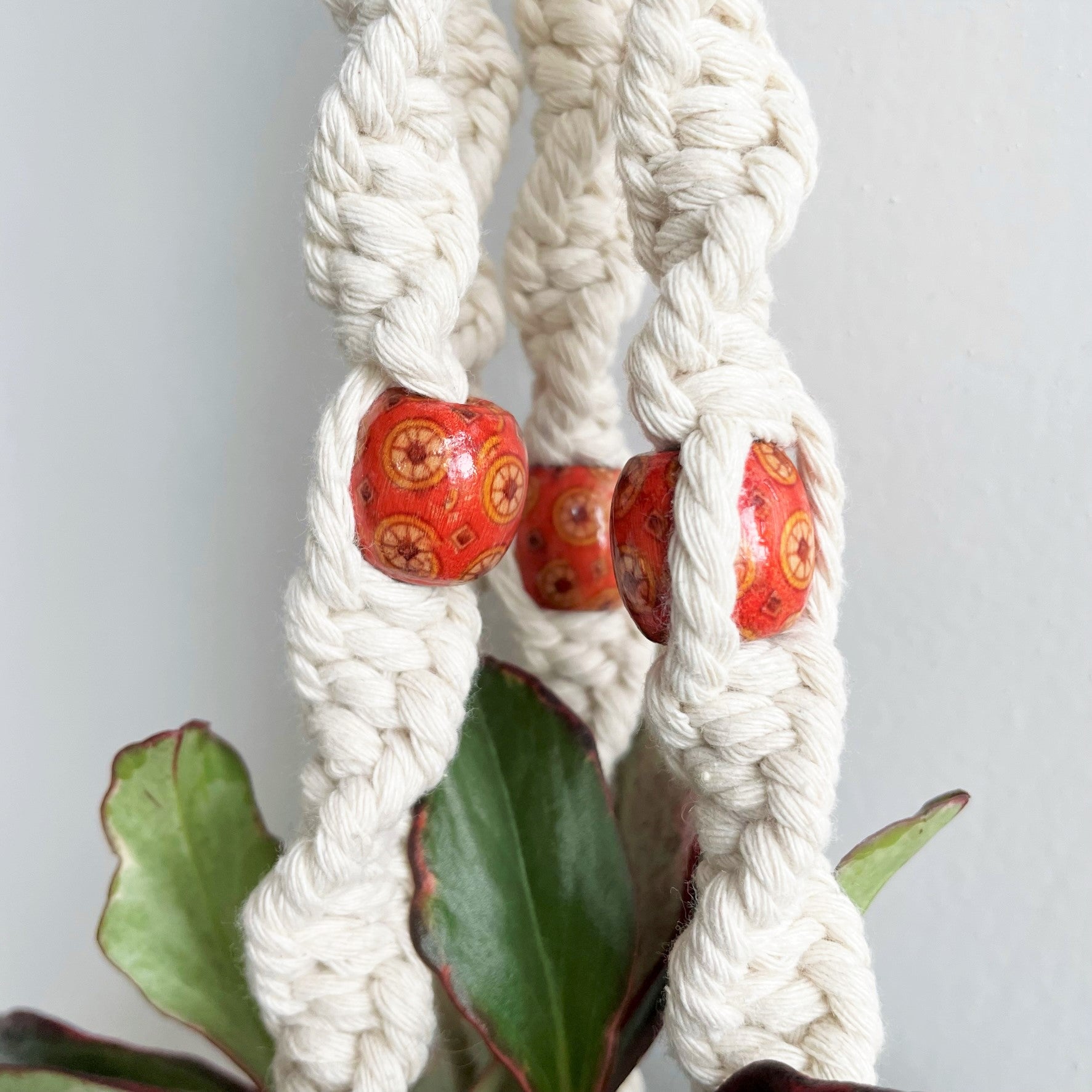 White Twist Macramé w/ Red Beads Plant Hanger