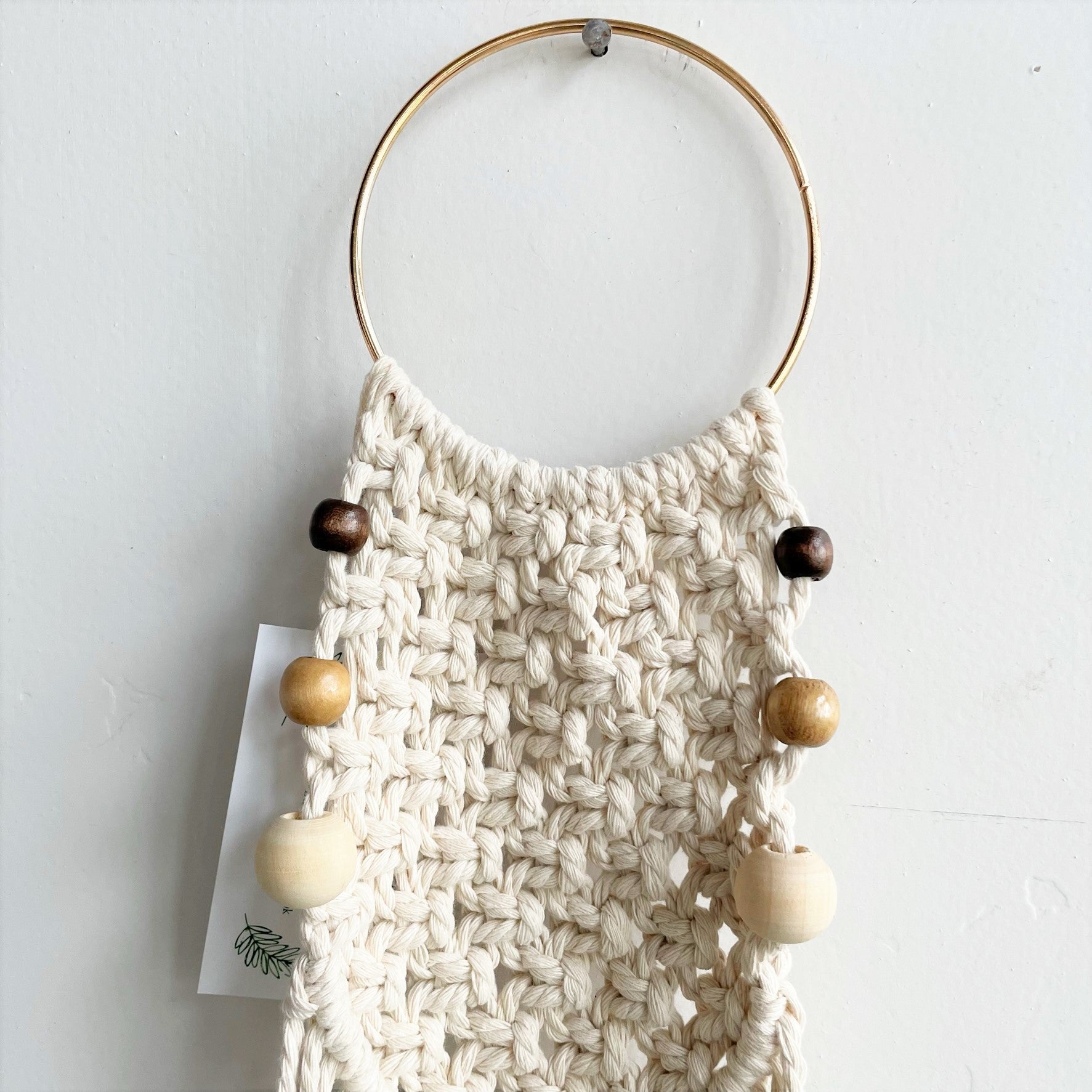 White Beaded Gold Ring Macramé Plant Hanger