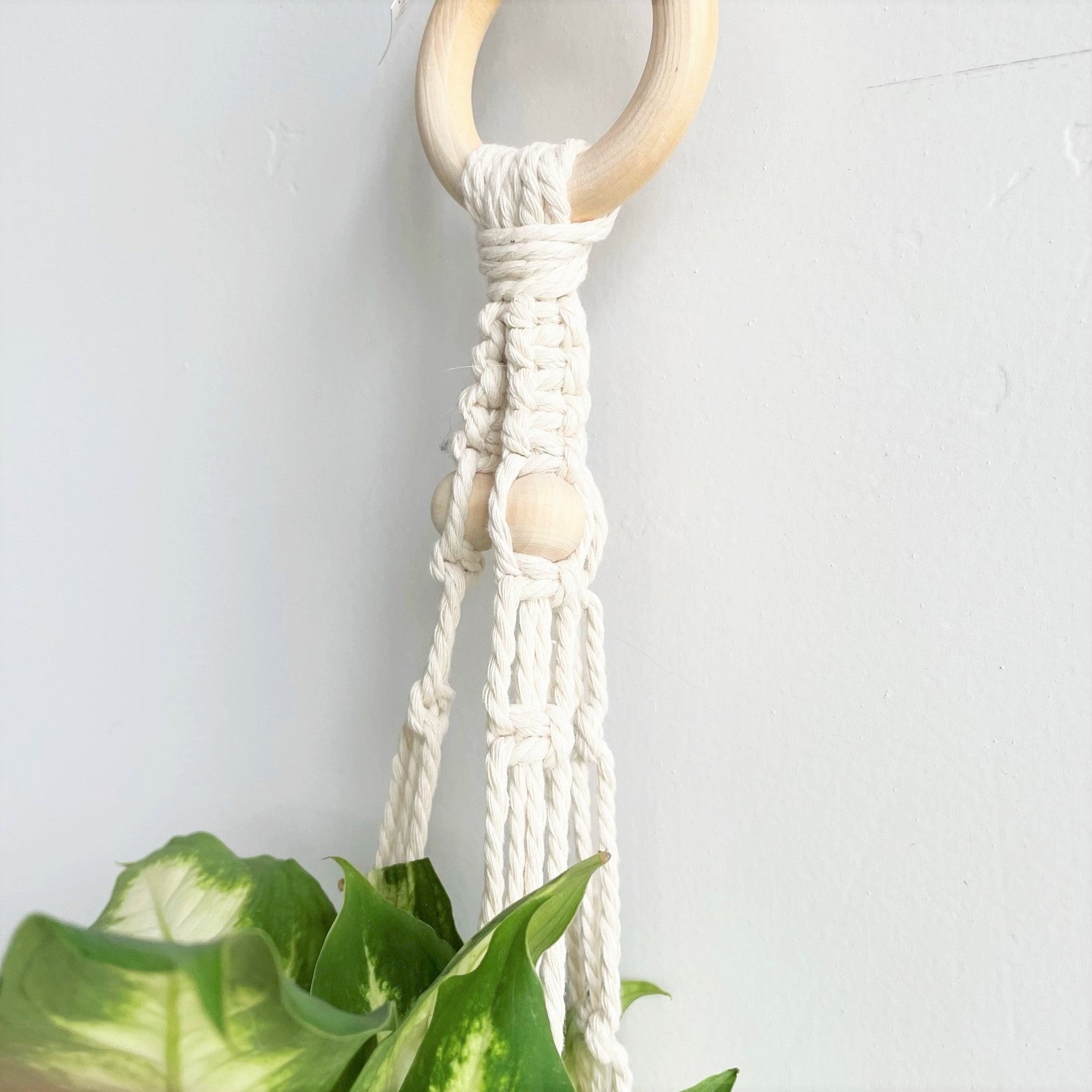 White Macramé Plant Hanger with Natural Wood Beads